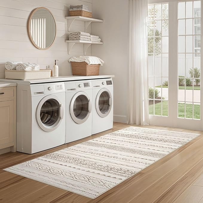 Nakagishi Runner Rug Kitchen Washable Rugs: 3x8 Non-Slip Boho Soft Modern Stain Resistant Indoor Floor Neutral Farmhouse Throw Carpet for Hallway Bathroom Laundry Room Entryway Bedroom- Brown