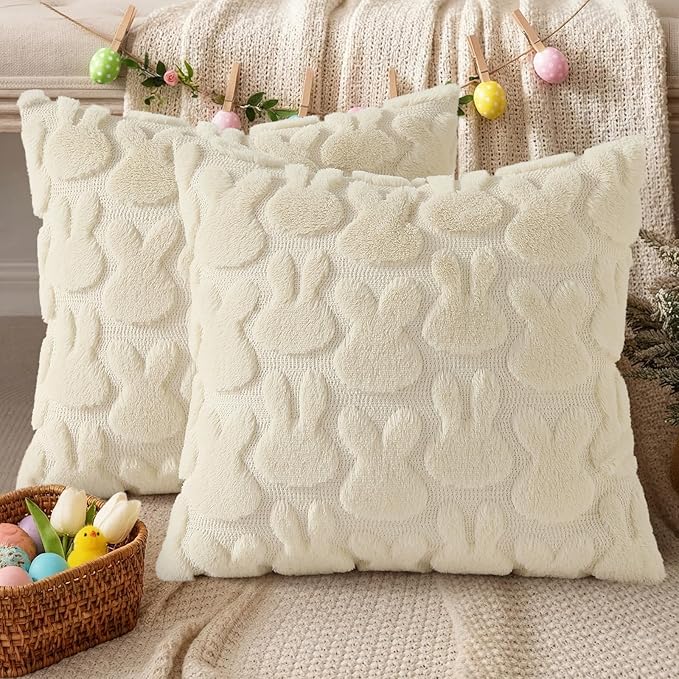 decorUhome Easter Bunny Pillow Covers 16x16 Inch Set of 2, Soft Plush Faux Wool Jacquard Beige Rabbit Cushion Covers, Farmhouse Neutral Spring Easter Holiday Decor for Couch Sofa Bed