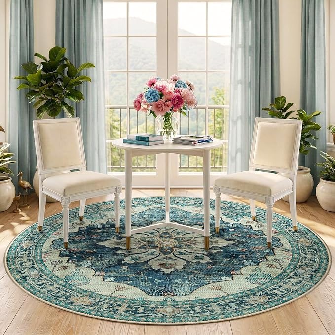 RELEANY Area Rugs 5ft Washable Non-Slip, Floral Vintage Distress Print Pattern Medallion Carpet for Living Room Bedroom Dining Room, Dark Blue Vintage