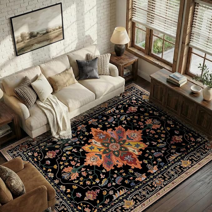 Area Rugs 5'x8' Washable Non-Slip, Floral Vintage Distress Print Pattern Medallion Carpet for Living Room Bedroom Dining Room, Black Colorful Floral Dark Tan