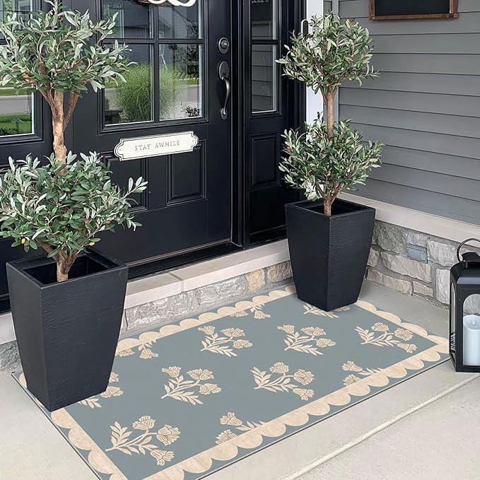 Front Door Mat Indoor Entrance - 2x4.3 Ft Floral Washable Layered Doormat Outdoor Entrance Porch Rug Non-Slip Blue Retro Farmhouse Runner Rug for Kitchen Bedroom Laundry Room Porch Decor