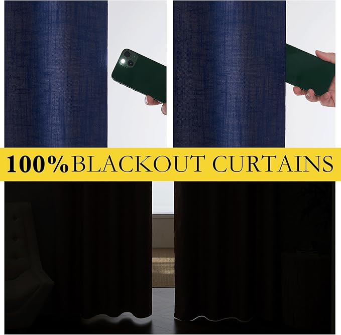 NICETOWN 100% Absolutely Blackout Linen Curtains with Thermal Insulated White Liner, Dark Blue, W52, 2 Pieces, Noise Reducing Textured Linen Look Curtains for Windows 108 inch Length for Classroom