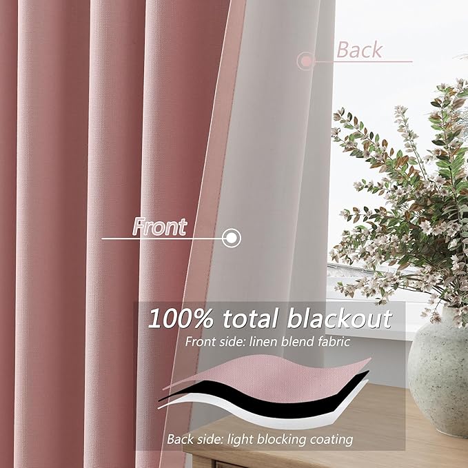 Guken 100% Blackout Linen Curtains 84 Inch 2 Panels Set for Girl's Bedroom, Living Room, Nursery, Back Tab Thermal Insulated Black Out Drapes Room Darkening, Pink