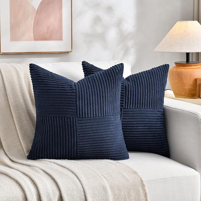 Fancy Homi 2 Packs Navy Blue Decorative Throw Pillow Covers 16x16 Inch for Living Room Couch Bed, Rustic Farmhouse Boho Home Decor, Soft Corss Patchwork Corduroy Textured Square Cushion Case 40x40 cm