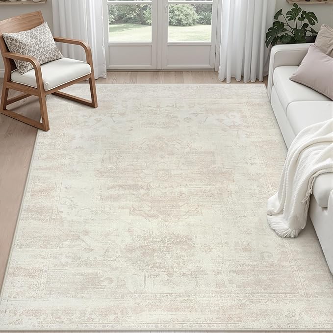 5x7 Area Rugs for Living Room: Vintage Boho Neutral Washable Rug Indoor Soft Large Area Rug Carpet for Bedroom Nursery Farmhouse Dining Room Office Floor Non-Slip Low Pile Under Table Rug Cream Beige