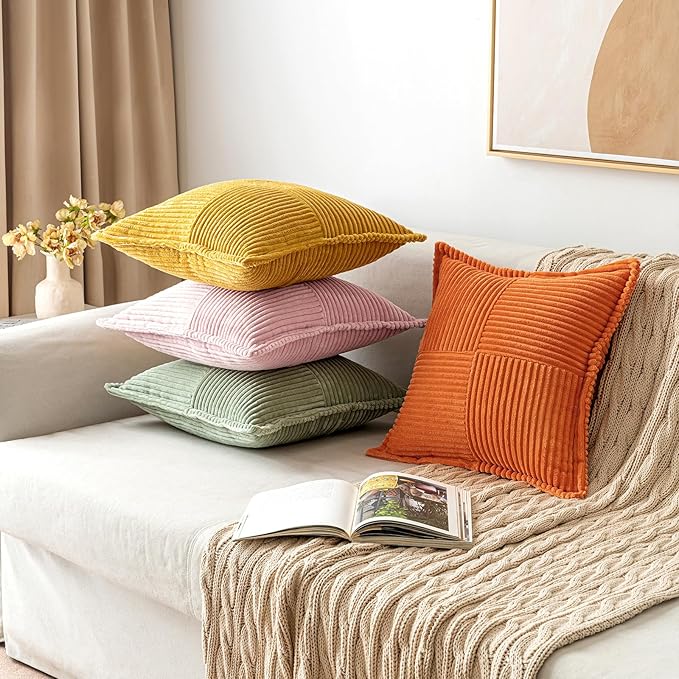 MIULEE Spring Decorative Throw Pillow Covers for Couch Bed Livingroom 20x20 Inch Set of 2 Pink Boho Accent Throw Pllows Broadside Striped Patchwork Soft Corduroy Pillowcases Valentine Decor