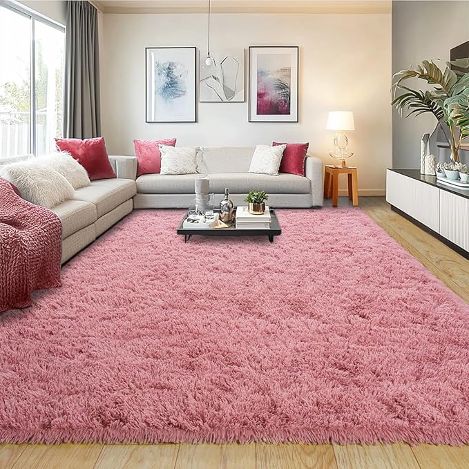 Pionblank 8x10 Rug for Living Room, Fuzzy Plush Large Area Rug, Fluffy Modern Shag Non Slip Soft Furry Carpet for Bedroom Kids Room Nursery Teens Dorm Home Decor, Blush
