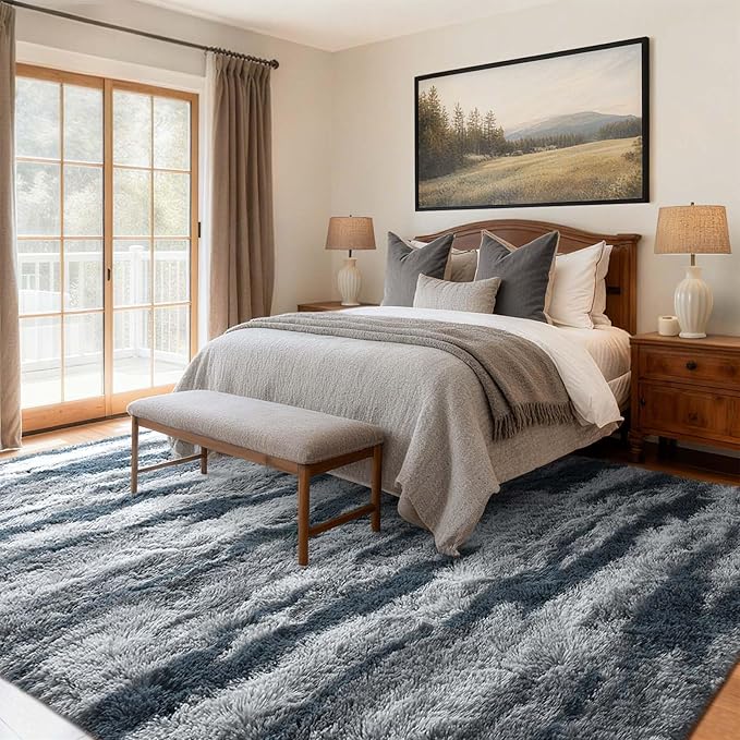 6x9 Ft Large Shag Rugs for Living Room Decor, Tie-Dyed Ultra Soft Fluffy Furry Area Rugs for Bedroom Indoor Floor, Aesthetic Carpet for Kids Home (Blue)