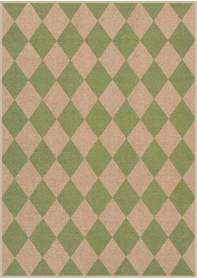 Lahome Colette Checkered Washable Rugs 5x7, Green Area Rug Neutral Large Outdoor Patio Living Room Rug, Farmhouse Non Slip Non Shedding Floor Carpet for Courtyard Camping