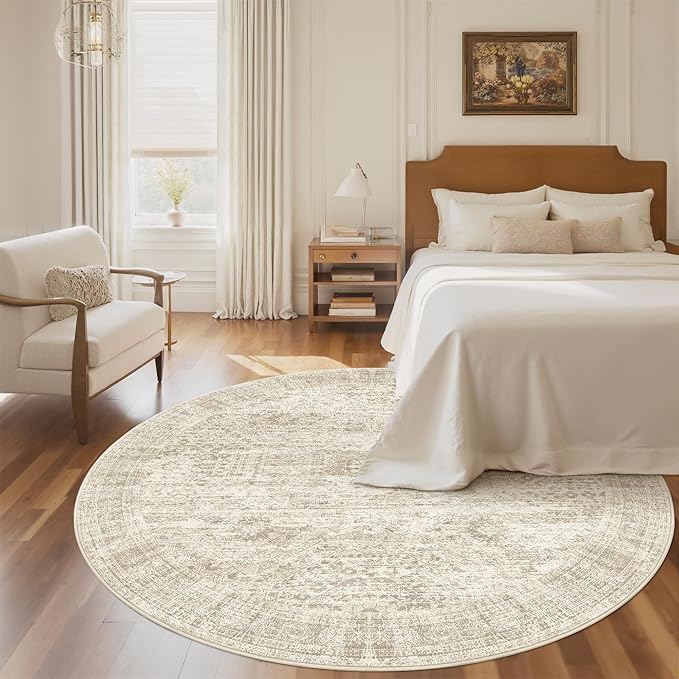 5x5 Beige Round Rug 5ft Living Room Circle Rug Vintage Round Area Rug Non Slip Indoor Carpet for Entryway Dining Room Bedroom