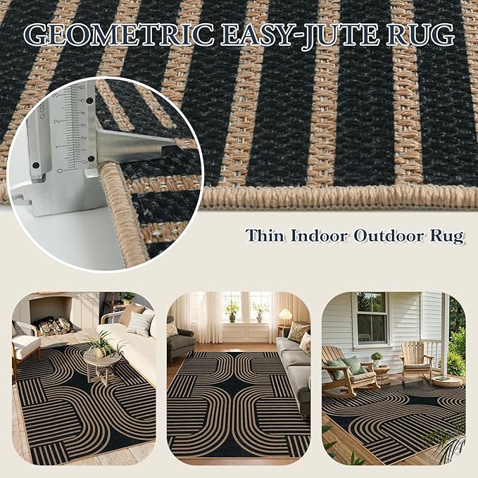 Lahome Enfys Modern Geometric Outdoor Easy Jute Rug, 5x7 Patio Living Room Rug Large Black Carpet for Bedroom, Farmhouse Washable Indoor Outdoor Carpet for Dining Room Backyard Deck