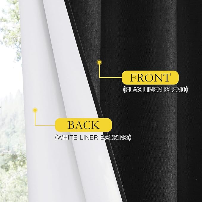 NICETOWN Vintage Open Linen Weave Flax Thermal Curtains, 100% Blackout Curtains 90" Long for Dining Room, Soundproof Window Treatment Drapes for Hall Room, Black, 62" Wide Per Panel, Set of 2