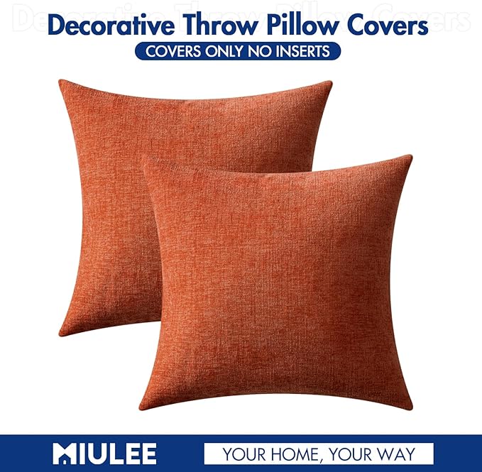 MIULEE Pack of 2 Rust Throw Pillow Covers 20x20 Inch Soft Chenille Pillow Covers for Sofa Living Room Couch Solid Dyed Cases