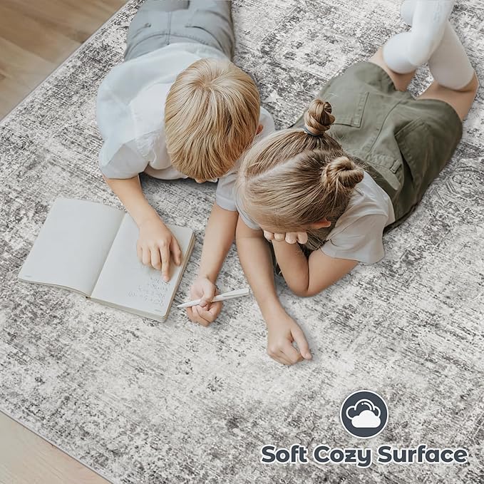 Area Rug 8x10 Washable Rug, Vintage Boho Medallion Rugs Non-Slip Soft Low Pile Large Distressed Rug Indoor Retro Carpet for Living Room Bedroom Dining Room Home Office (Grey, 8'x10')