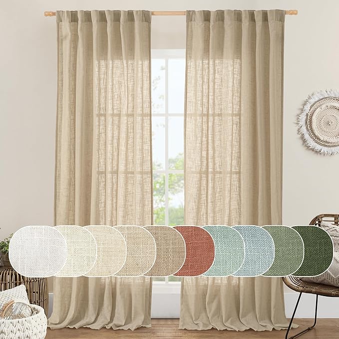 LAMIT Linen Semi Sheer Curtains 96 inches Long 2 Panels Set, Light Filtering Panels Back Tab and Rod Pocket Floor to Ceiling Curtains for Bedroom/Living Room, Brown, 52 x 96 Inch