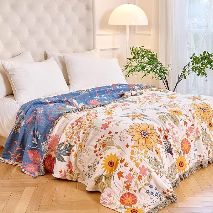 MSGKV Boho Throw Blanket for Bed 60"x80" Cotton Floral Twin Size Blanket Lightweight Farmhouse Muslin Spring Breathable Couch Blankets Home Decor All Seasons
