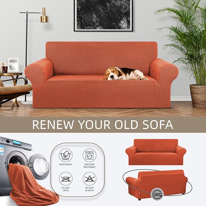 KEKUOU Stretch Loveseat Sofa Cover Slipcover,Couch Covers for 2 Cushion Couch Sofa (55"-78") Furniture Protector Sofa with Elastic Bottom for Kid,Dog. Jacquard Small Checked (Medium,Pureed Pumpkin)