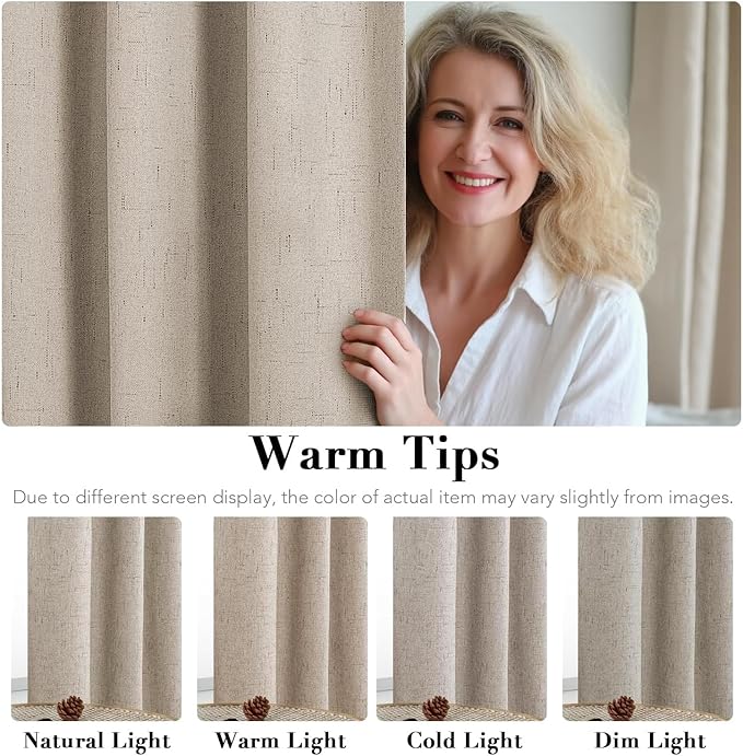 H.VERSAILTEX Linen Curtains 100% Blackout Curtains for Bedroom 90 inch Long Full Light Blocking Nature Linen Blended Window Curtains for Living Room Nickel Grommet (2 Panels, Cobblestone)