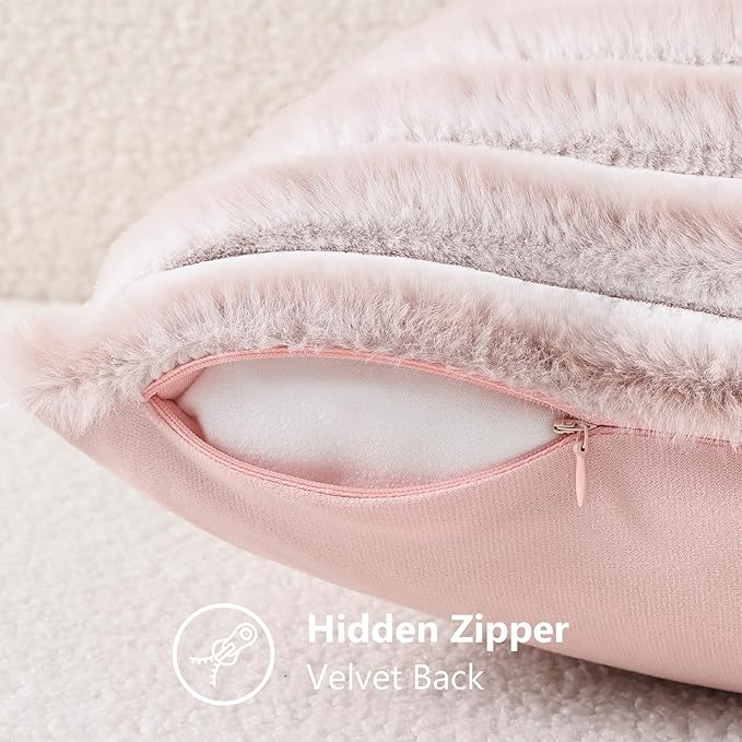 decorUhome Summer Cozy Faux Fur Throw Pillow Covers 12x20 Set of 2 Decorative Soft Plush Striped Lumbar Modern Farmhouse Boho Couch Pillow Cases with Velvet Back for Sofa Bed Living Room, Pink White