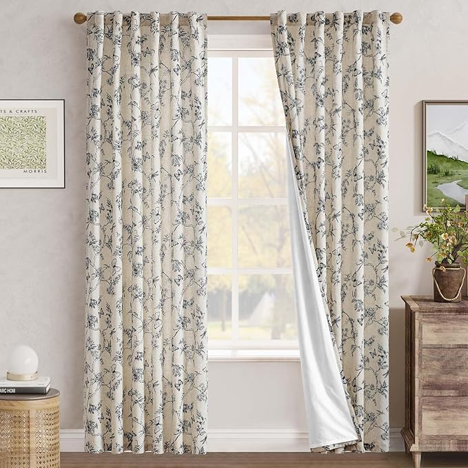 jinchan Floral Curtains Lined Linen Blend Curtain for Living Room 84 Inch Length Black Farmhouse Flower Patterned Curtain French Country Curtains Drapes Back Tab Rod Pocket 2 Panels
