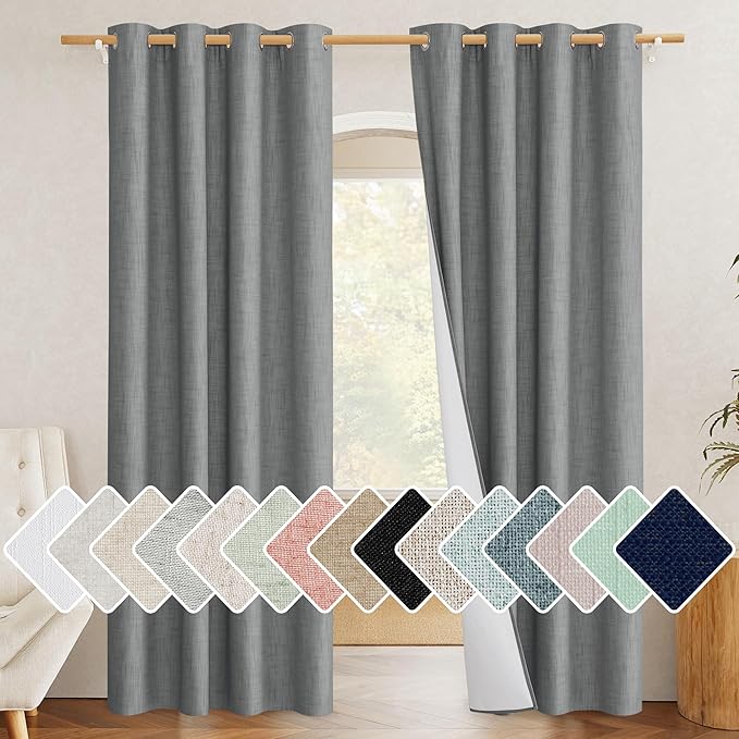 NICETOWN 100% Absolutely Blackout Linen Curtains with Thermal Insulated White Liner, 52" Wide, 2 Panels, 84 inches Long Drapes, Grommet Retro Dove Grey Linen Vertical Drapes Privacy for Bedroom
