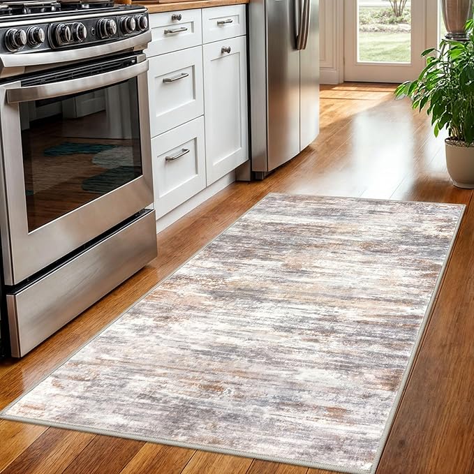 KOZYFLY Abstract Modern 3x5 Ft Area Rug in Multi Grey/Orange - Non-Slip and Machine Washable Indoor Rug, Versatile for Entryway, Kitchen, Living Room, Bedroom, Laundry Door Mat