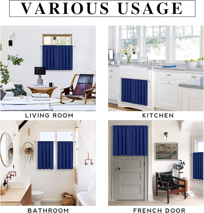 RYB HOME Blackout Cafe Curtains 30 inch Length, Short Light UV Heat Blocking Energy Saving Privacy Curtain Tiers for Basement Bathroom Kitchen Window, Width 29 by Length 30, Marine Blue, 2 Panels