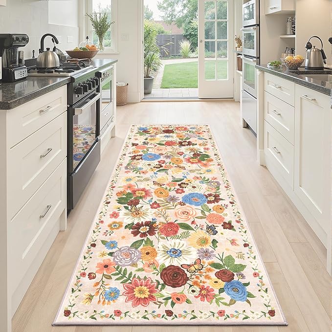Runner Rug 2x6, Kitchen Rug Non Slip Washable Rugs with Rubber Backing Soft Floral Carpet Runner for Hallways, Kitchen, Laundry, Bedroom, Bathroom (2 x 6, Beige)