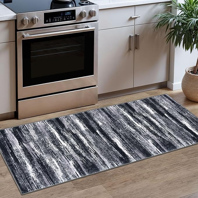 Lansny Modern Abstract Runner Rug 2x5, Black Grey Washable Kitchen Runner Entryway Rug Mat Non-Slip Soft Hallway Rug Runner Thin Print Faux Wool Carpet for Bedroom Laundry Room Indoor