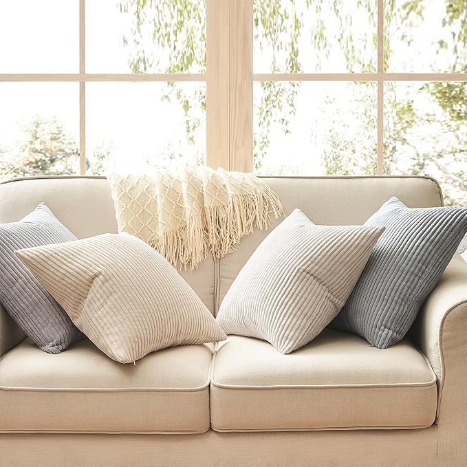 Topfinel 4 Packs Neutral Decorative Throw Pillows Covers 26x26 Inch for Living Room Couch Bed Sofa, Rustic Farmhouse Boho Neutral Home Decor, Soft Plush Striped Corduroy Square Cushion Case 65x65 cm