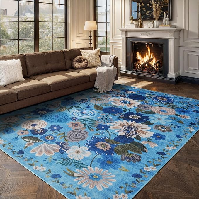 Washable Area Rug 8x10, Large Soft Rugs for Living Room Floral Blue Carpet 8x10 Area Rugs for Bedroom Dining Room Non-Slip Stain Resistant Under Table Rug (8 x 10, Blue Garden)