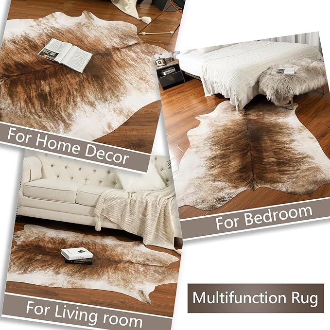 AROGAN 8x10 Feet Faux Cowhide Area Rugs for Living Room, Animal Skins Cow Hide Rug for Bedroom, Cool Western Christmas Decor, Thin Leather Cow Hide Carpets Fireplace Rug, Brownish