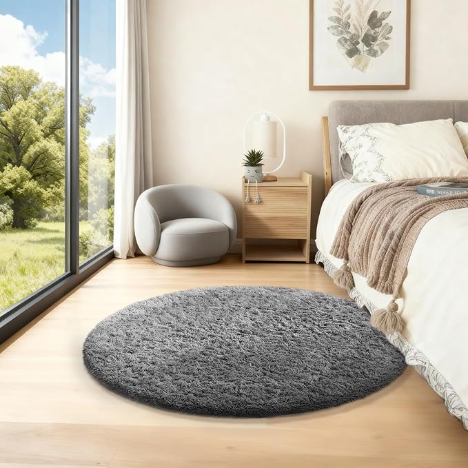 Ophanie Round Rug 2Ft Grey Circle Area Rug, Fluffy Fuzzy Bedroom Carpet, Plush Soft Shaggy Indoor Floor Gray Living Room Rugs for Kids Home Decor Aesthetic, Nursery