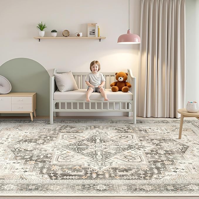 Rugflix 5x7 Area Rugs for Living Room, Machine Washable Rug Non Slip Stain Resistance, Large Rug Vintage Distressed Soft Carpet for Bedroom, Dining Room, Home Office, Beige Grey