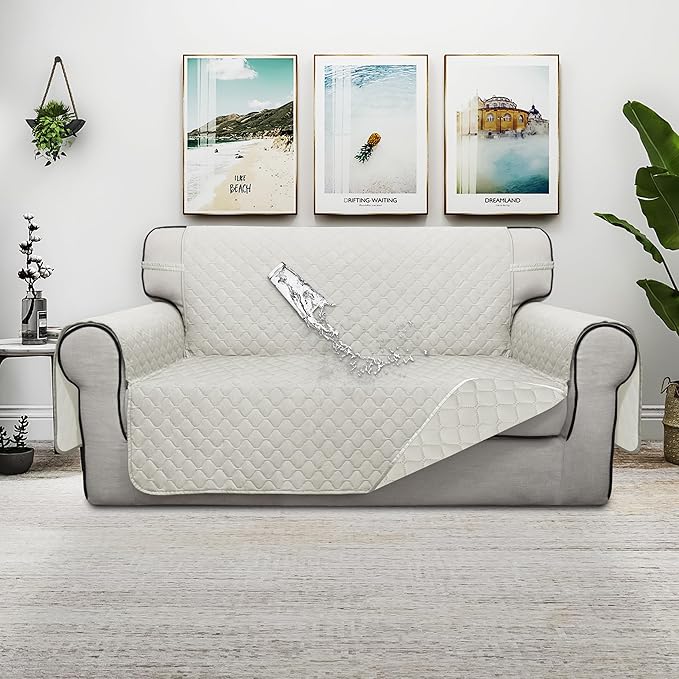 ISSUNTEX Double Protection 100% Waterproof Loveseat Sofa Covers for Living Room, Couch Covers for 2 Cushion Couch Sofa, Reversible Furniture Protector Sofa Cover for Dogs (Loveseat, Ivory/Ivory)