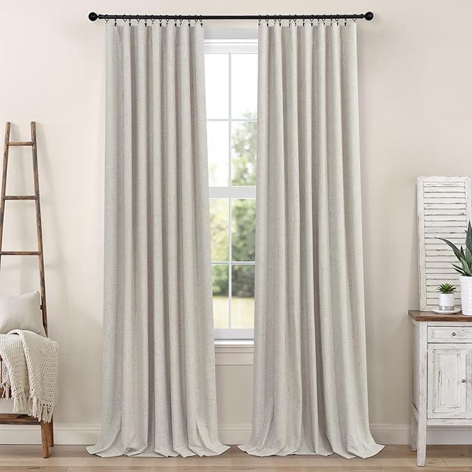 Linen Blackout Curtains 84 Inch Length 2 Panels Set for Living Room Bedroom Back Tab Thermal Insulated 100% Black Out Linen Drape Room Darkening Window Curtain 84 Inch Long Stone Taupe Birch Tan Beige