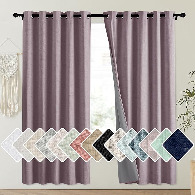 NICETOWN Chaise Mauve Vintage Linen 100% Blackout Curtains for Playroom, Thermal Insulated Curtains 72" Long, Noise Reducing Window Treatment Drapes for Laundry Room, 62" Wide Per Panel, Set of 2