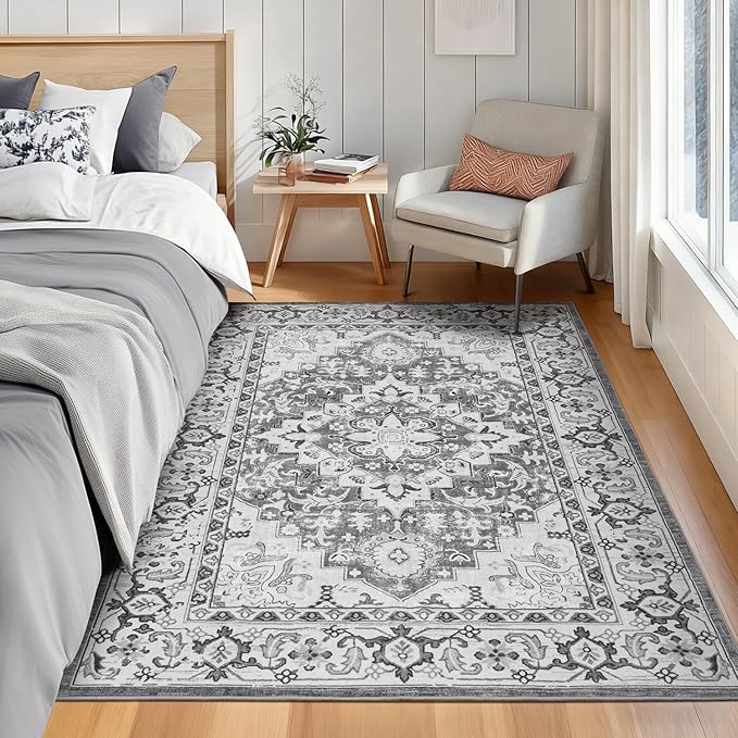 Lofus 3x5 Area Rugs for Living Room, Machine Washable Area Rug, Soft Small Rugs for Bedroom, Kitchen, Office and Indoor, Vintage Boho Carpet, Non-Slip Low Pile Carpets, Floral Grey