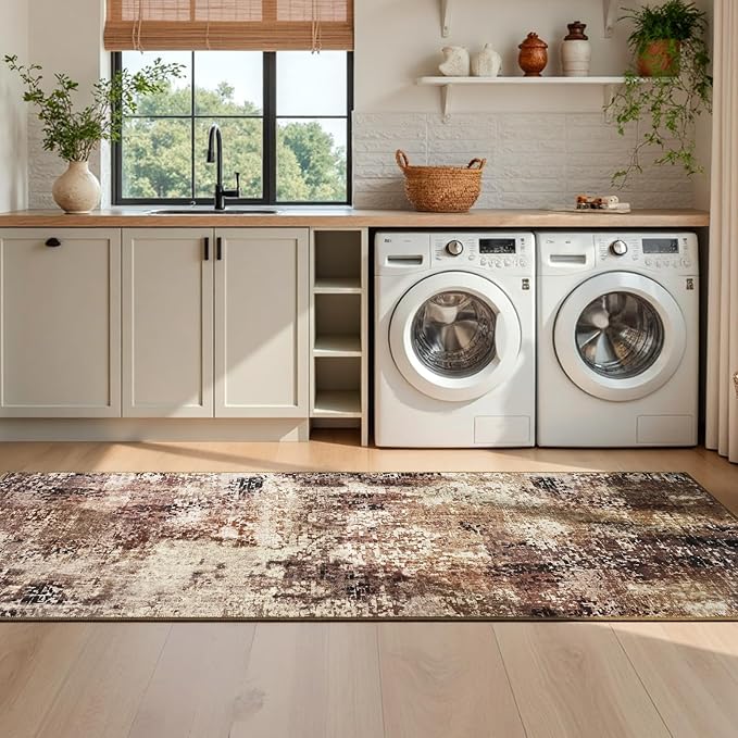 Runner Rug for Kitchen Coffee Hallways Runner Rug Non Slip 2'6''x8' Washable Brown Long Runner Rugs with Rubber Backing Soft Abstract Carpet Runner for Entryway, Kitchen, Bedroom, Bathroom