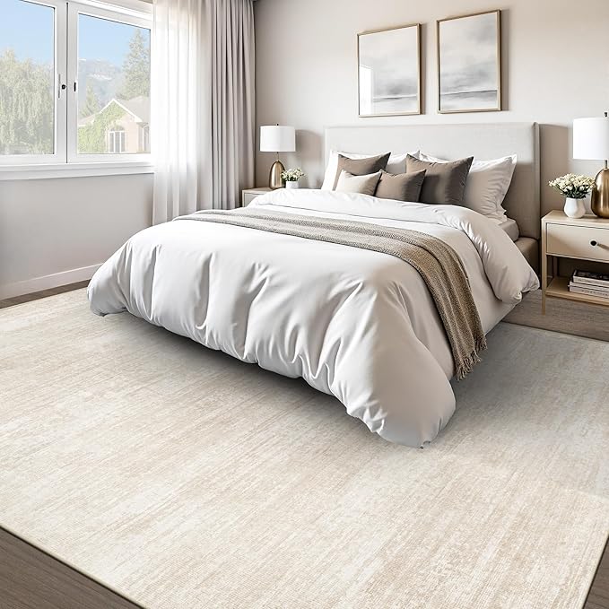 Area Rugs 9x12 for Living Room: Washable Rug Modern Abstract Neutral Soft Non-Slip Low-Pile Indoor Large Carpet for Bedroom Dining Room Playroom Home Office (Beige, 9'x12')