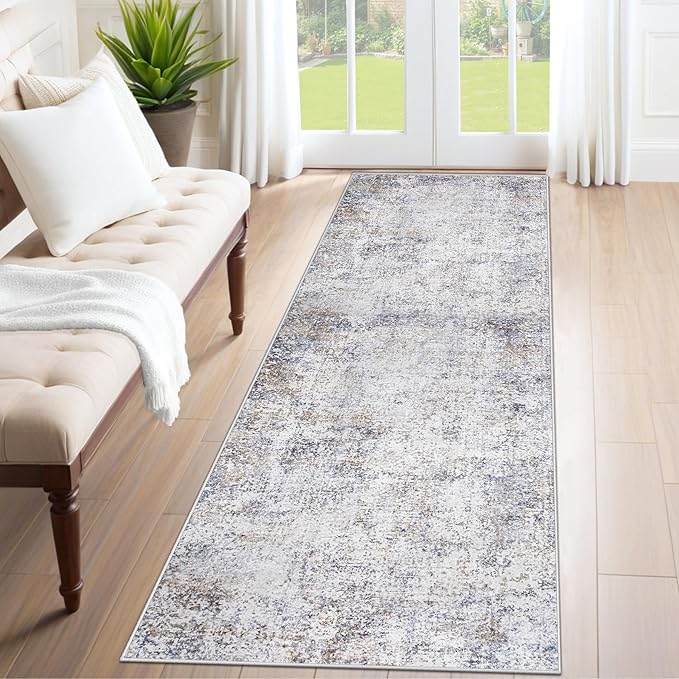 XLUEZ 2x7 Runner Rug for Hallway, Washable Modern Abstract Runner Rugs Neutral Soft Non Slip Kids Rug Stain Resistant Indoor Runners for Entryway Bedroom Kitchen Laundry Room(Bluegrey, 2'x7')
