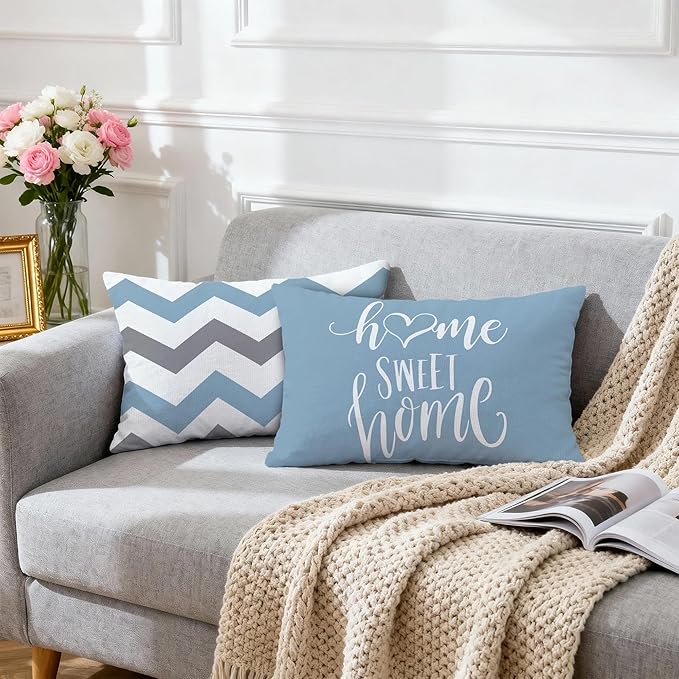 Hexagram Geometric Aqua Blue Pillow Covers 12x20 Set of 4, Decorative Outdoor Boho Modern Throw Pillow Covers, Home Sweet Home Farmhouse Cushion Case for Couch Sofa Bedroom Indoor Decor(No Insert)