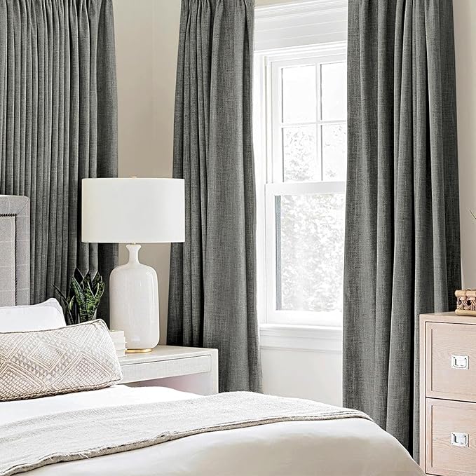 MIULEE Linen Texture 90 Inches Curtains for Bedroom 100% Blackout Thermal Insulated Dark Grey Curtains Grommet Room Darkening Luxury Decor for Living Room Nursery 52x90 Inch (2 Panels)