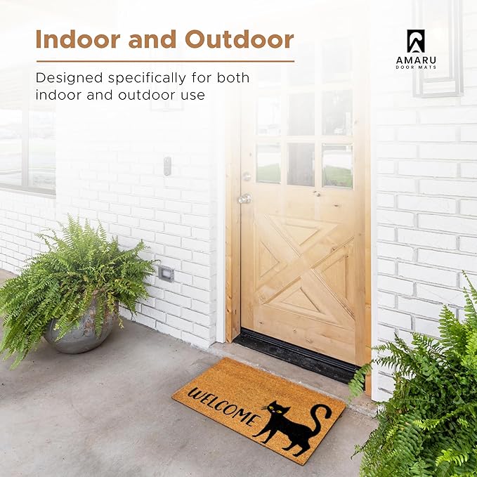 Black Cat - 17"x29" - Coir Door Mat with Heavy Duty Backing - Welcome Mats for Entryway, Porch - Anti-Slip PVC & Coconut Fiber Surface - Natural Home Accessories, Minimalist Original Design
