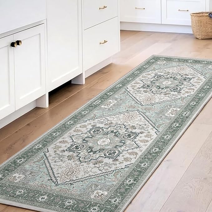 OPPODREAM Soft Entryway Rug 2x6, 2x6 Rug Runner, Washable Hallways Carpet 2 x 6 with Non Slip Backing, Low-Pile Bedside Carpet 2 x 6, Long, Faux Cashmere, Green