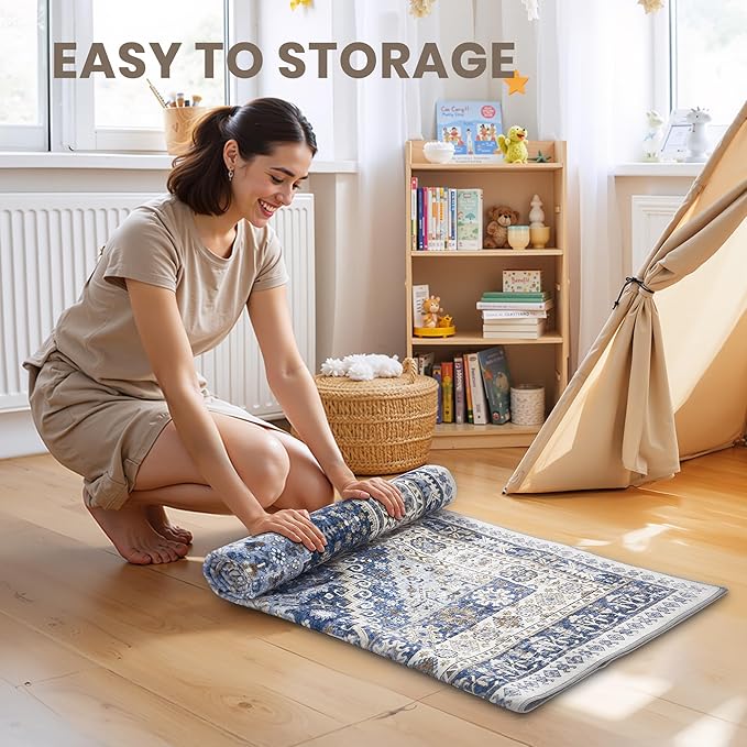 zesthome Washable Runner Rug 2.5x16 - Stain Resistant Entryway Rug,Ultra-Thin Kitchen Rugs, Anti Slip Backing Runner Rugs for Entrance Laundry Room Indoor Hallway (Blue/Beige,2.5'x16')