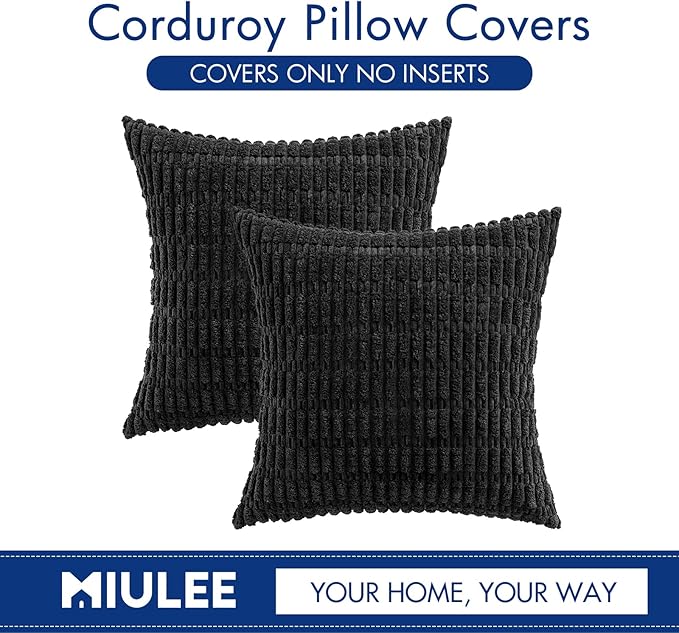 MIULEE Pack of 2 Corduroy Decorative Throw Pillow Covers 18x18 Inch Soft Boho Striped Pillow Covers Modern Farmhouse Home Decor for Sofa Living Room Couch Bed Black
