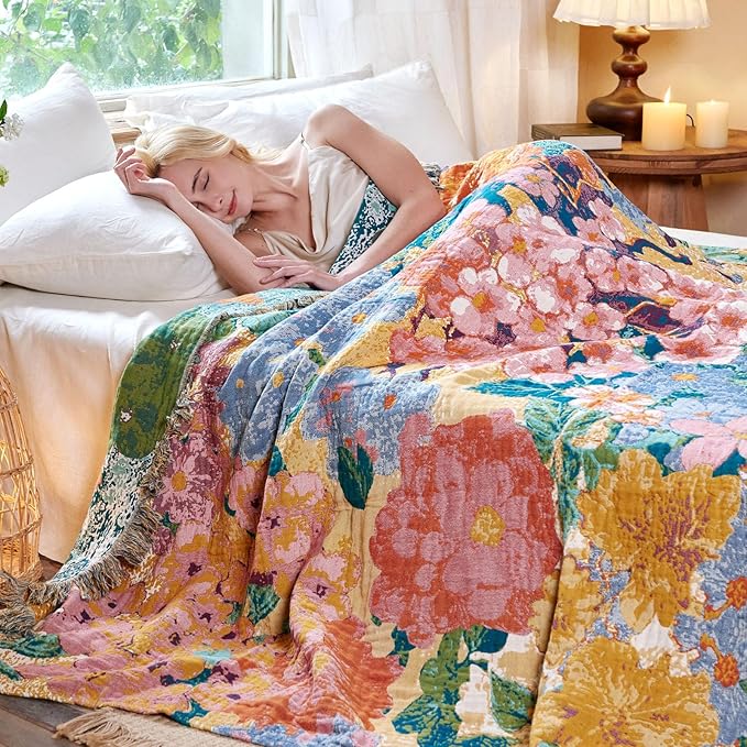 MSGKV Boho Throw Blanket for Bed 60"x80" Cotton Couch Blankets Floral Twin Size Spring Breathable Farmhouse Blankets All Seasons Lightweight Muslin