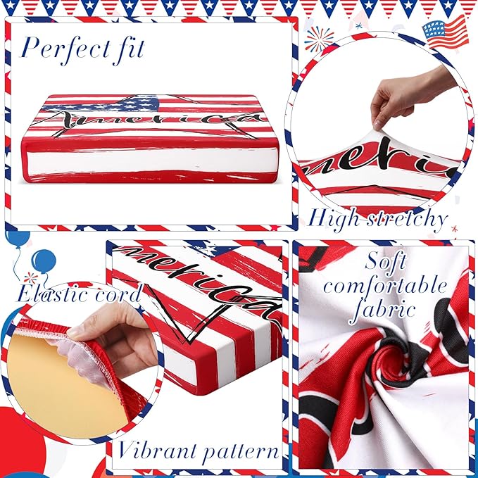 Newwiee 8Pcs Patio Cushion Covers Stretch Outdoor Cushion Cover Replacement for Patio Furniture Sofa Couch Slipcovers, Soft Flexibility Washable Furniture Protector(Independence Day,Classic Color)