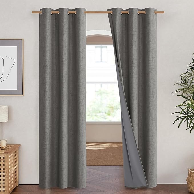 NICETOWN Grizzle Gray Vintage Linen 100% Blackout Curtains for Living Room, Thermal Insulated Curtains 90" Long, Noise Reducing Window Treatment Drapes for Hall Room, 42" Wide Per Panel, Set of 2